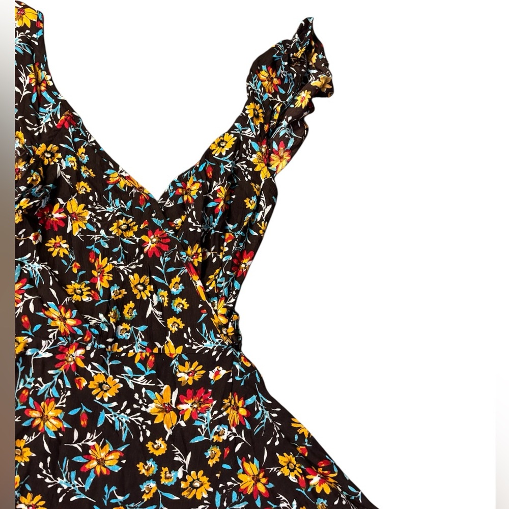Band of the Free Brown Marigold Floral Print Mini Wrap Dress Smocked Ruffle XS - Picture 8 of 16